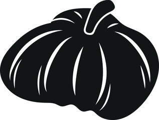 minimalist logo of a black curved, deformed pumpkin of a round shape with a tail and white lines on it, for autumn-themed designs