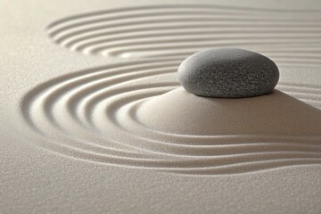 Smooth gray stone resting on a mound of fine sand with evenly spaced ripples forming concentric circles around it creating a calming and meditative atmosphere