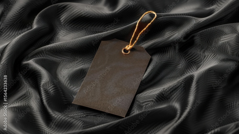Poster black fabric tag with string rests on smooth, dark textile surface, creating sophisticated and elega