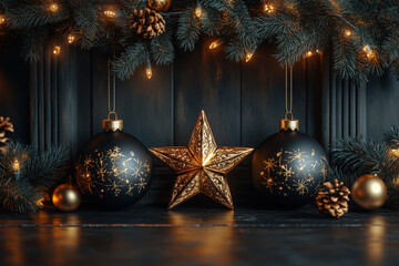 Christmas decorations shimmering on a dark background.