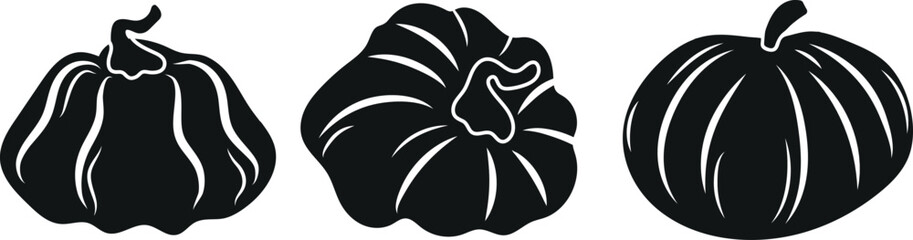 Naklejka premium set of minimalistic logos of round pumpkins with tails and white lines on them, for autumn themed designs