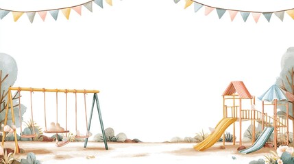 Childrens playground with swing set, slide and flag banners in pastel shades
