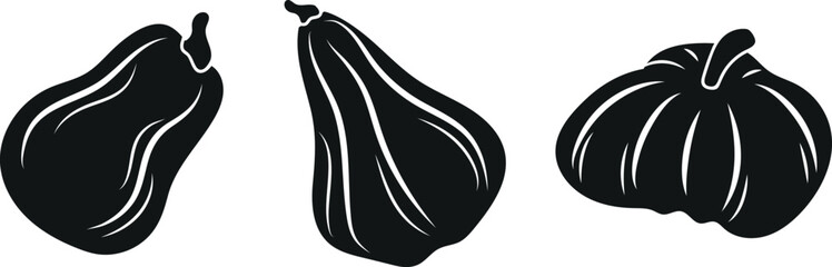 set of minimalistic pumpkin logos of various shapes and sizes with tails and white lines on them, for autumn-themed designs