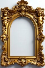 Luxury Baroque Gold Frame with Ornate Floral Carvings on White Background