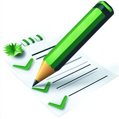 Green pencil marking checkboxes on a white checklist with a green leaf and spiral binding, symbolizing eco-friendly tasks or sustainable practices