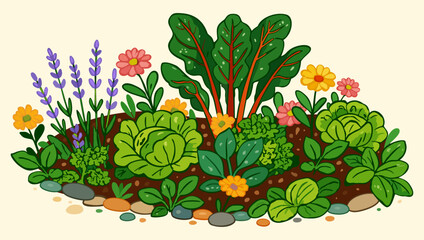 Vegetable garden. Green leafy vegetables, herbs and colorful blooming flowers surrounded with  textured stones. Vector isolated illustration