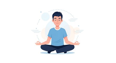 A cartoon man meditating in lotus position with a light blue shirt and dark blue pants on white background