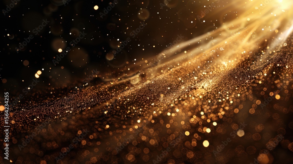 Poster mesmerizing scene of golden particles shimmering in soft, glowing light, creating dreamy atmosphere 