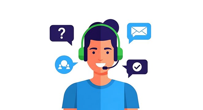 Illustration of a customer service representative with various communication icons around them