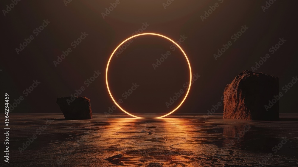 Aufkleber glowing circle with star in center floats above reflective surface, surrounded by two large rocks, c