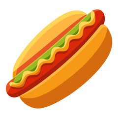 Red hotdog with green relish and yellow mustard in a golden bun sausage