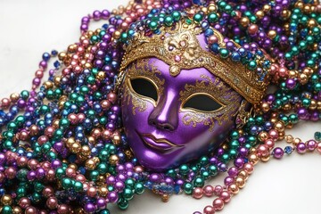 Fototapeta premium A pile of colorful metallic beads in shades of purple, green, gold, pink, and blue scattered together with intricate golden charms and decorative elements, evoking festivity and celebration