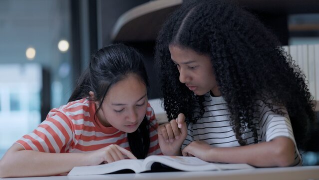 School girls are studying together in the library.