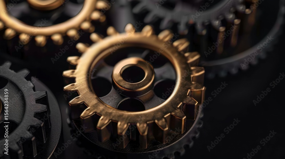 Poster interlocked golden gears rotating in sync, showcasing intricate design and craftsmanship. contrast o