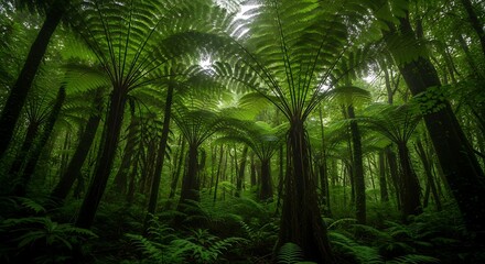 Lush, verdant rainforest canopy with tall tree ferns dominating the scene, sunlight filtering through the dense foliage.