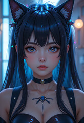 Anime Girl with Cat Ears and Blue Eyes