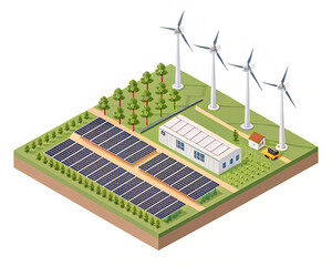 wind turbine and solar panels. Isometric view