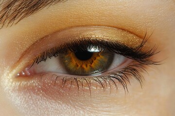 Close-up of a human eye with golden-brown iris, long eyelashes, and shimmering gold eyeshadow creating a soft and elegant appearance