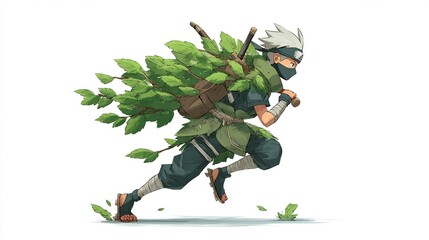 A masked figure runs with a leafy branch, backpack, and sword. Green and grey hues pop against white