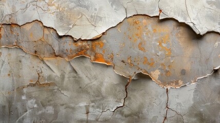 Fototapeta premium Peeling cement wall with layered textures and rust, showcasing blend of gray and orange hues, evokes sense of decay and history