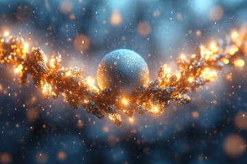 Golden Christmas ball hanging on a blue background.