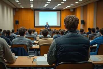 Group of people attending a presentation or lecture in a conference room with a speaker and a large projection screen