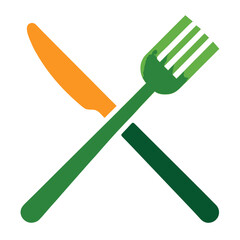 Orange knife and green fork crossed on white cutlery eating