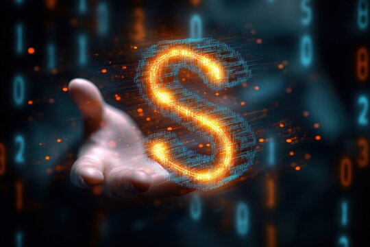 A hand presenting a glowing orange and blue digital letter S surrounded by floating binary code in a dark background, symbolizing technology and data - Powered by Adobe