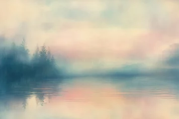 Wanddecoratie Reflectie Calm misty lake at dawn with pastel soft clouds and faint silhouettes of trees reflected on the water surface, evoking peaceful and serene atmosphere  © tech