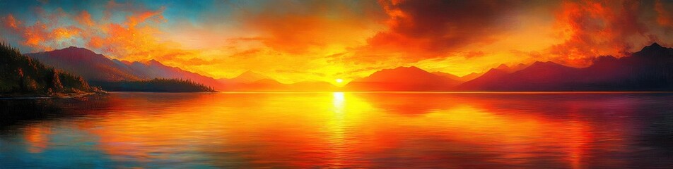 Fototapeta premium Vibrant sunset over calm lake with fiery orange and red sky reflecting on water, surrounded by forested land and distant mountain silhouettes