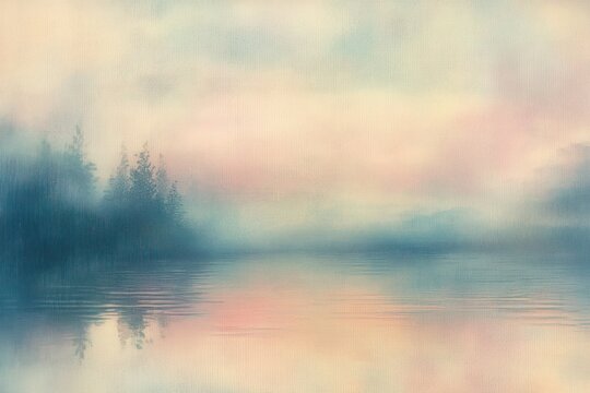 Calm misty lake at dawn with pastel soft clouds and faint silhouettes of trees reflected on the water surface, evoking peaceful and serene atmosphere