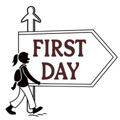 Girl walking towards first day sign backpack