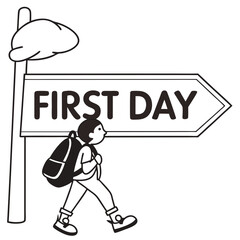 Child walking towards first day sign backpack school