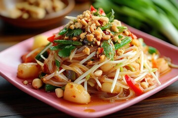 Colorful spicy salad with noodles, fresh vegetables, peanuts, and herbs served on a pink plate