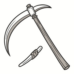Gray scythe with curved blade and wooden handle sickle tool
