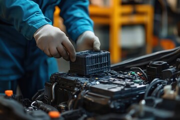 Mechanic wearing gloves installing or inspecting a component inside a car engine bay in a workshop