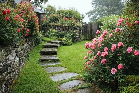 Serene garden pathway with stone steps winding through lush green grass and vibrant pink and red blooming rose bushes beside rustic stone walls under soft natural light - Powered by Adobe