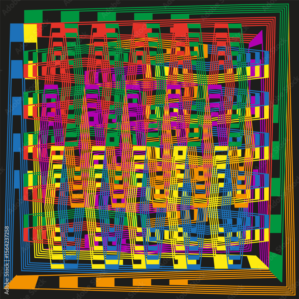 Poster labyrinth panel icon. multicolor weave matrix. vibrant grid vector. geometric tapestry depth.