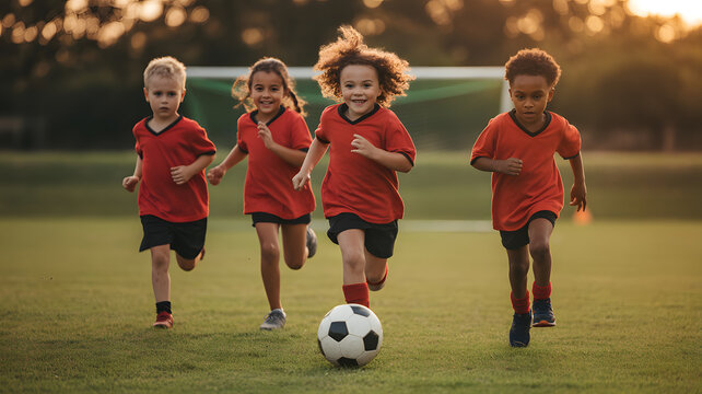 Energetic young soccer players in red jerseys sprint across the vibrant green field, chasing the soccer ball with smiles and determined faces.