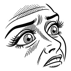 Wide eyed startled face with open mouth and dramatic lashes comic book vintage