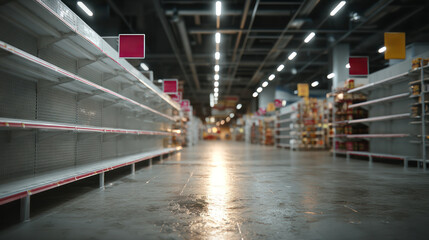 Empty retail shelves with shortage notification signs brightly lit supermarket aisle showing consumer impact and supply.