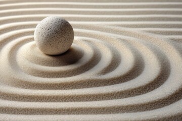 Smooth stone ball placed on fine sand with concentric circular patterns creating a calm and meditative atmosphere