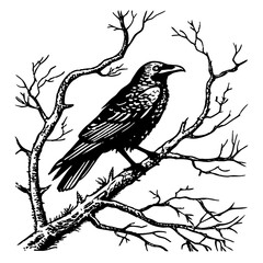 Black crow perched on bare branches bird tree