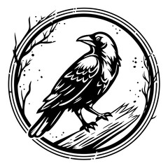 Raven perched on branch within distressed circular frame bird black and white