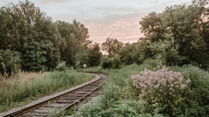 Serene Railway Tracks Winding Through Lush Green Forest at Sunset.