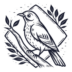 Bird perched on branch with leaves and geometric frame vector