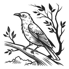 Detailed black ink bird perched on a branch with leaves vector