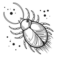 Black ink drawn insect with segmented body and antennae beetle arthropod