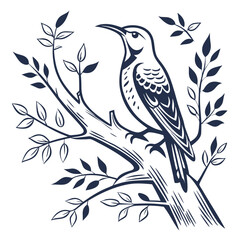 Dark blue bird perched on a branch with leaves nature vintage