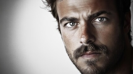Obraz premium Close-up portrait of a serious bearded man with intense blue eyes and curly hair looking directly at the camera against a plain light background